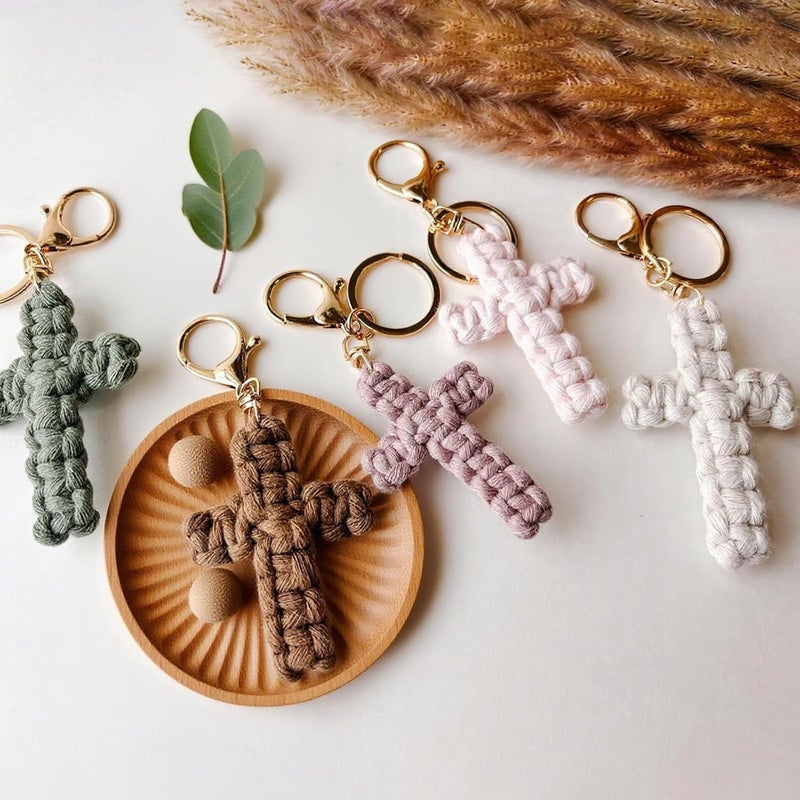 HongEast Macrame Cross Keychain,Jesus Key Chain Christian Car Accessories Handmade Soft Cross Keychain Boho Decor for Women Men Gifts - Image 4